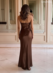 Elegant Brown Strapless Vackless Mermaid Wedding Guest Dress,Prom Dress