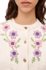 Floral Knit Crew Collar Embroidered Cardigan