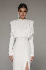 Stand Collar Long Sleeve Pleated Waist Split Maxi Dress