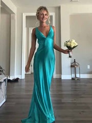 Elegant Turquoise V-neck Backless Mermaid Wedding Guest Dress,Prom Dress