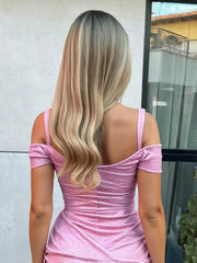 Gorgeous Pink Off the Shoulder Pleats Trail Bodycon Short Mini Dress Homecoming Dress