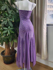 Premium Purple Spaghetti Strap Embellished Glitter A-line Long Evening Dress,Prom Dress