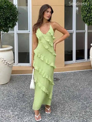 Unique V-neck Ruffles Spaghetti Strap A-line Long Evening Dress,Prom Dress