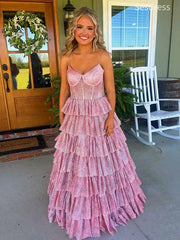 Vintage Pink V-neck Spaghetti Strap A-line Long Evening Dress,Prom Dress