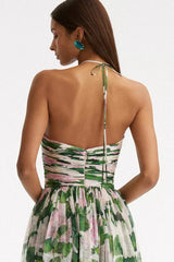 Floral Off-Shoulder Halter Neck Pleat Maxi Dress