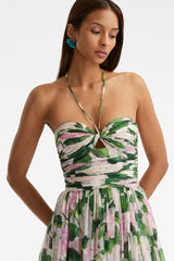 Floral Off-Shoulder Halter Neck Pleat Maxi Dress
