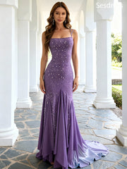 Premium Purple Spaghetti Strap Embellished Glitter A-line Long Evening Dress,Prom Dress